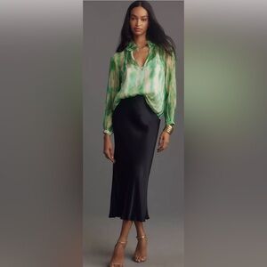 By Anthropologie $148 Ruffled Tie-Dye Silk Blouse Green Vetiver NWT L 100% SILK